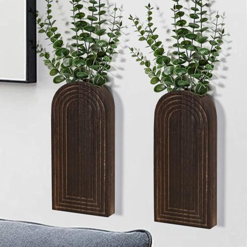 2-Pack Black Wooden Wall Vase Set Modern Farmhouse Boho Home Decor