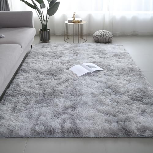 Boshengya Ultra Soft Fluffy Shag Area Rug, Tie-Dye Grey, Cozy Bedroom Living Room
