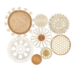 8-Piece Boho Woven Wall Basket Decor Set with Macrame Tassels - Rattan Seagrass Art