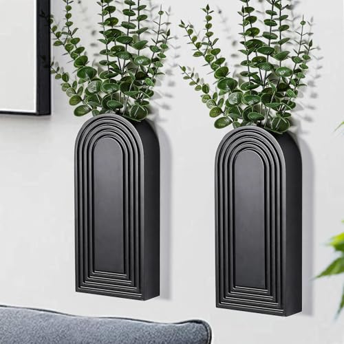 2-Pack Black Wooden Wall Vase Set Modern Farmhouse Boho Home Decor