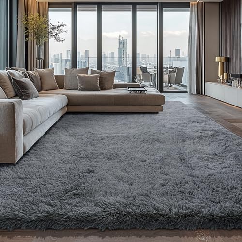 Boshengya Ultra Soft Fluffy Shag Area Rug, Tie-Dye Grey, Cozy Bedroom Living Room