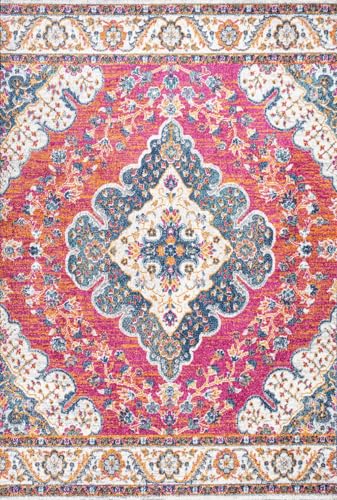 JONATHAN Y Boho Vintage Blue Multi Medallion Indoor Area Rug, Durable Easy-Clean