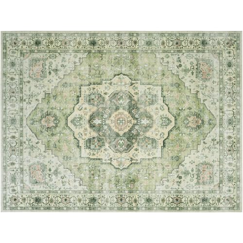 AMADA 8x10 Washable Area Rug: Low-Profile, Non-Slip, Vintage Floral Design