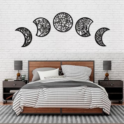 Jetec 5-Piece Wooden Moon Phase Wall Art Decor Set, Nordic Boho Lunar Aesthetic