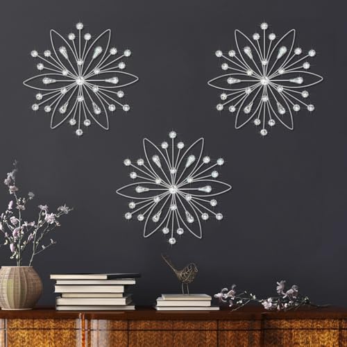 Dazzling Silver Crystal Sunburst Wall Art Decor Set - 3-Pack Metal Jeweled Bling