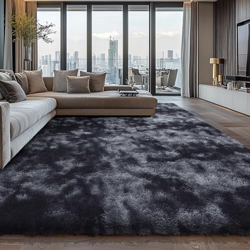 Boshengya Ultra Soft Fluffy Shag Area Rug, Tie-Dye Grey, Cozy Bedroom Living Room
