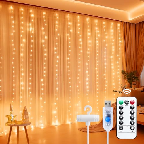 Minetom Dimmable Warm White USB Powered 300 LED Fairy Curtain Lights Remote