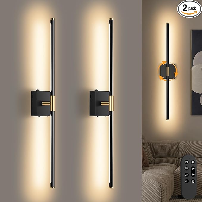 Wireless Rechargeable LED Wall Sconces Set, Dimmable Remote Control, 30-inch Black