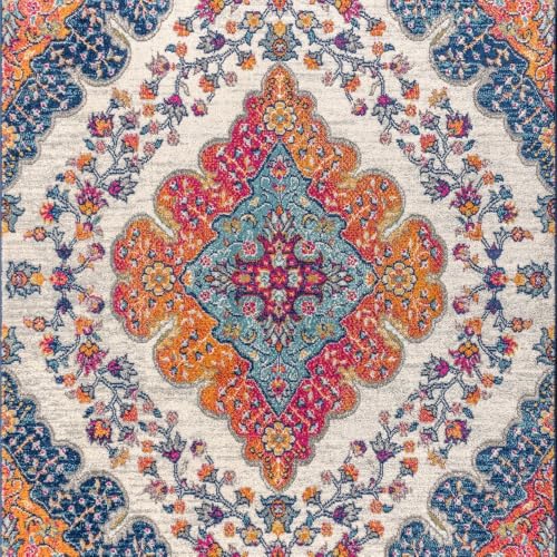 JONATHAN Y Boho Vintage Blue Multi Medallion Indoor Area Rug, Durable Easy-Clean