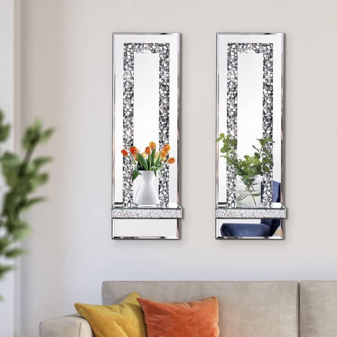 Sparkling Crystal Crush Diamond Mirrored Wall Sconces - Set of 2