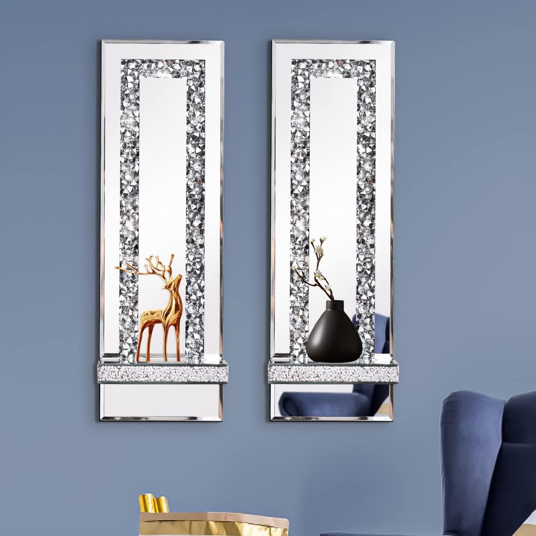 Sparkling Crystal Crush Diamond Mirrored Wall Sconces - Set of 2