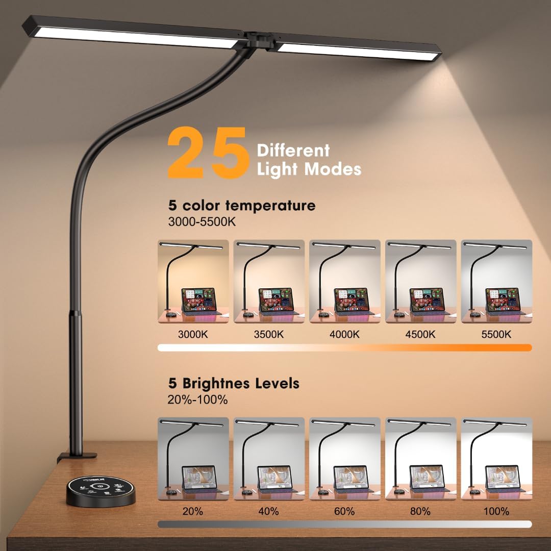 Pzloz 24W Eye-Caring LED Desk Lamp Clamp Architect Gooseneck Light