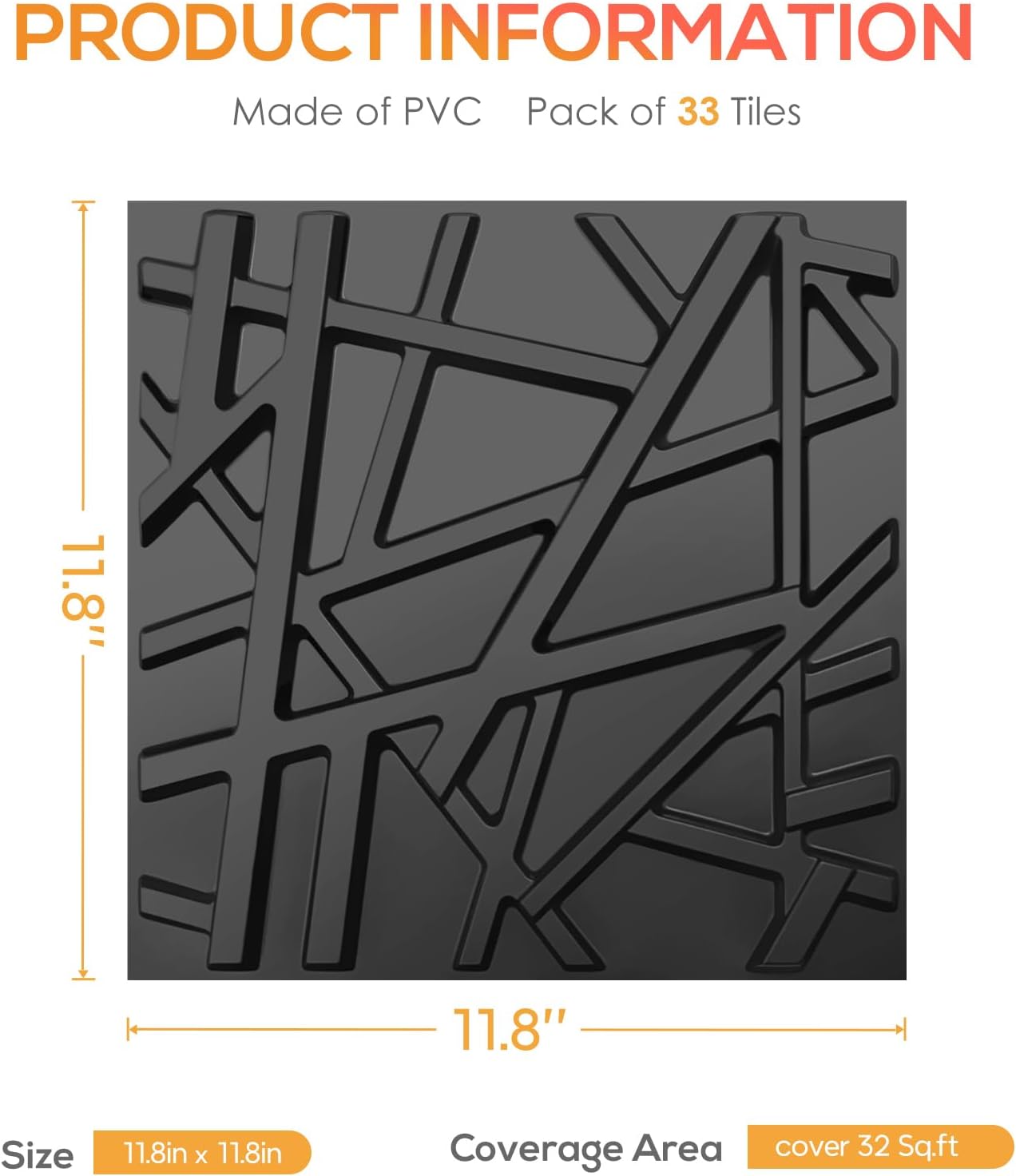 33-Pack Black 3D Textured PVC Wall Panels for Modern Home Decor 12x12