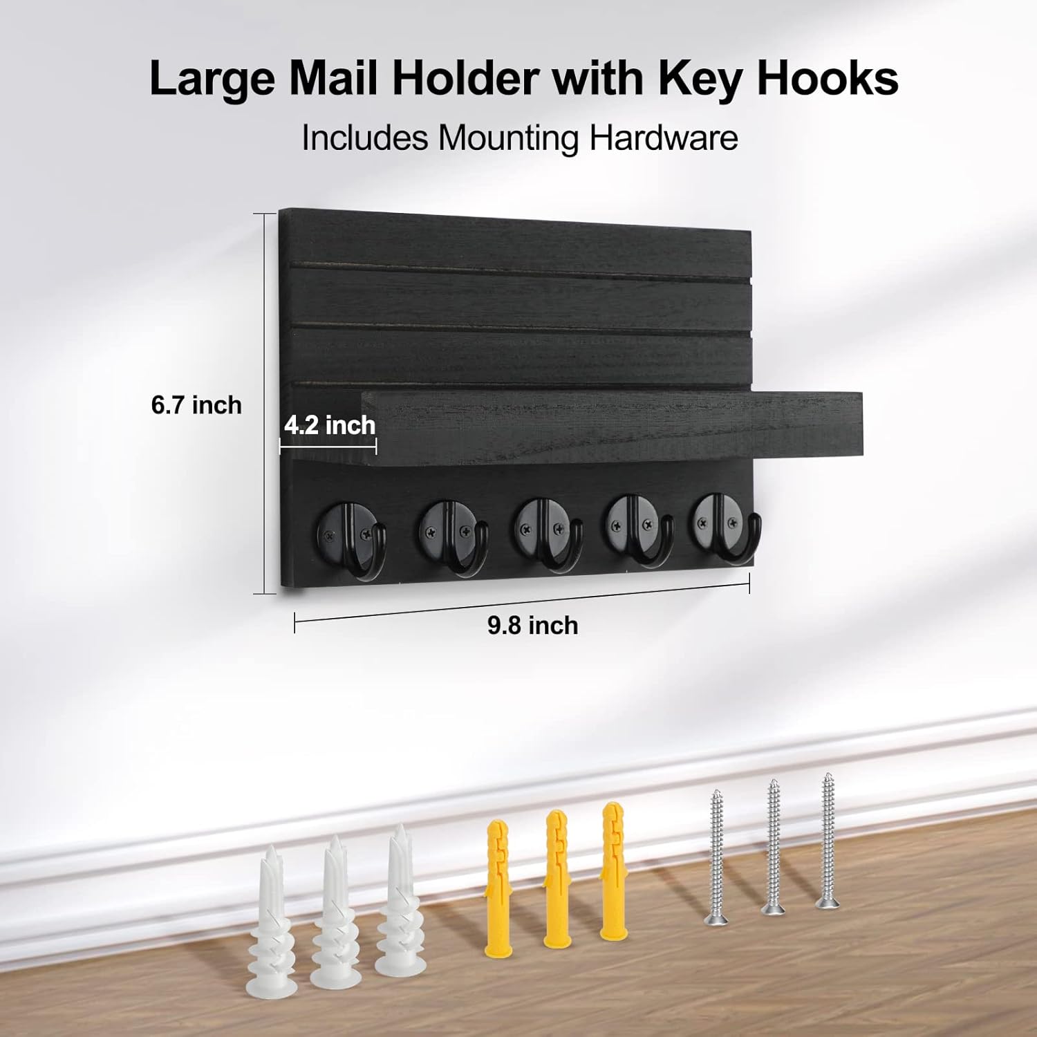 Stylish Paulownia Wood Wall Key & Mail Holder with Shelf, Large Hooks
