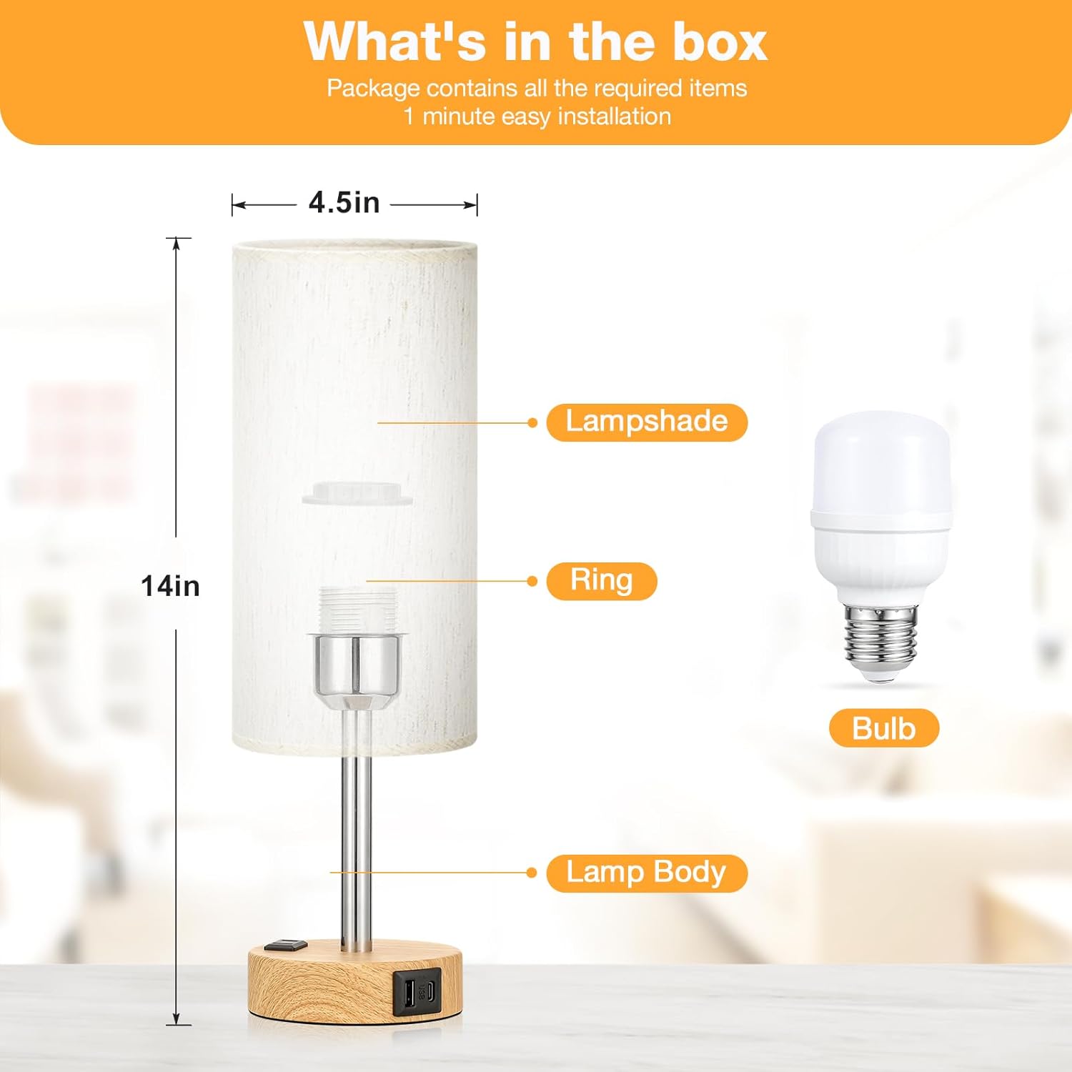 Smart Touch Dimmable Bedside Lamp with USB-C, AC Outlet, LED Bulb