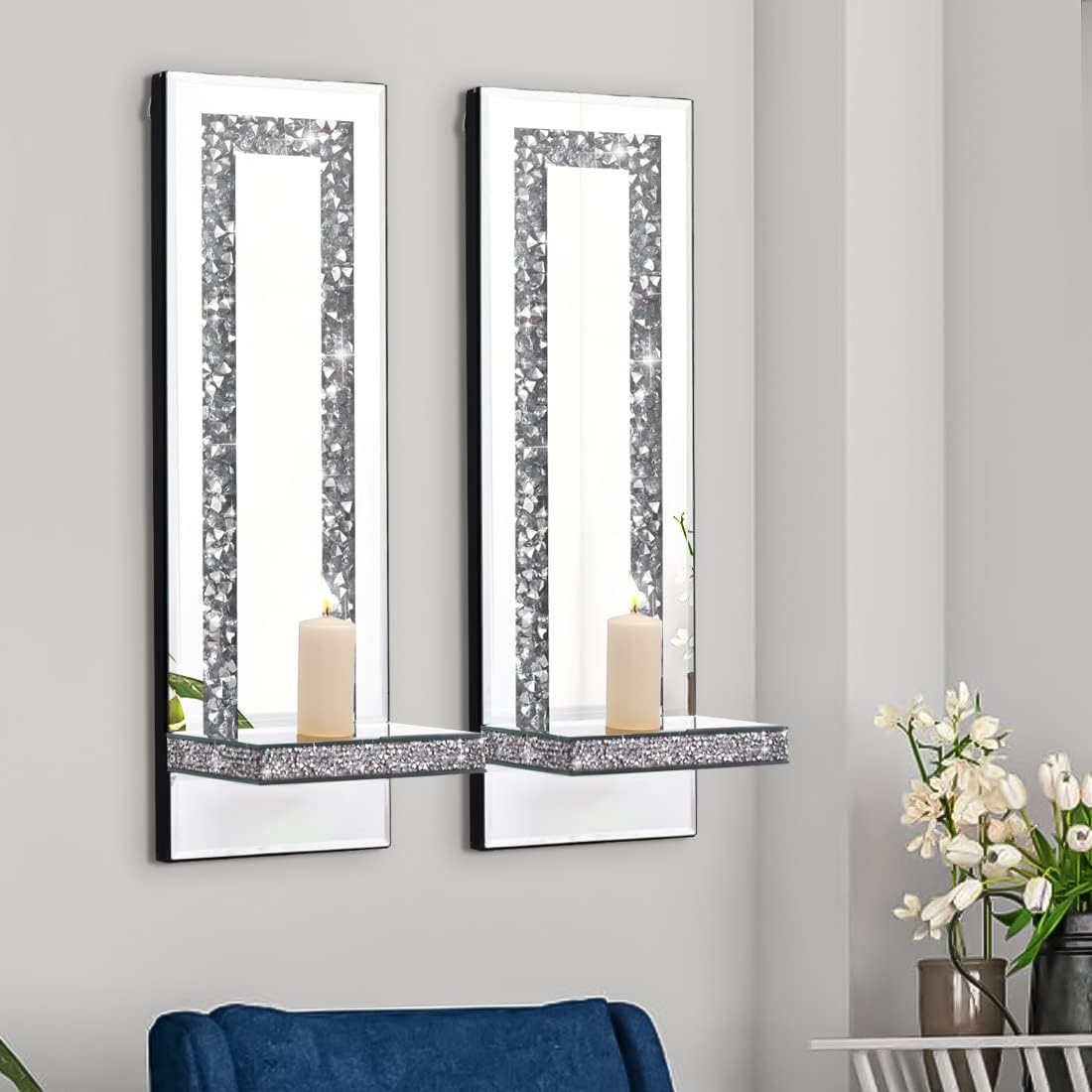 Sparkling Crystal Crush Diamond Mirrored Wall Sconces - Set of 2