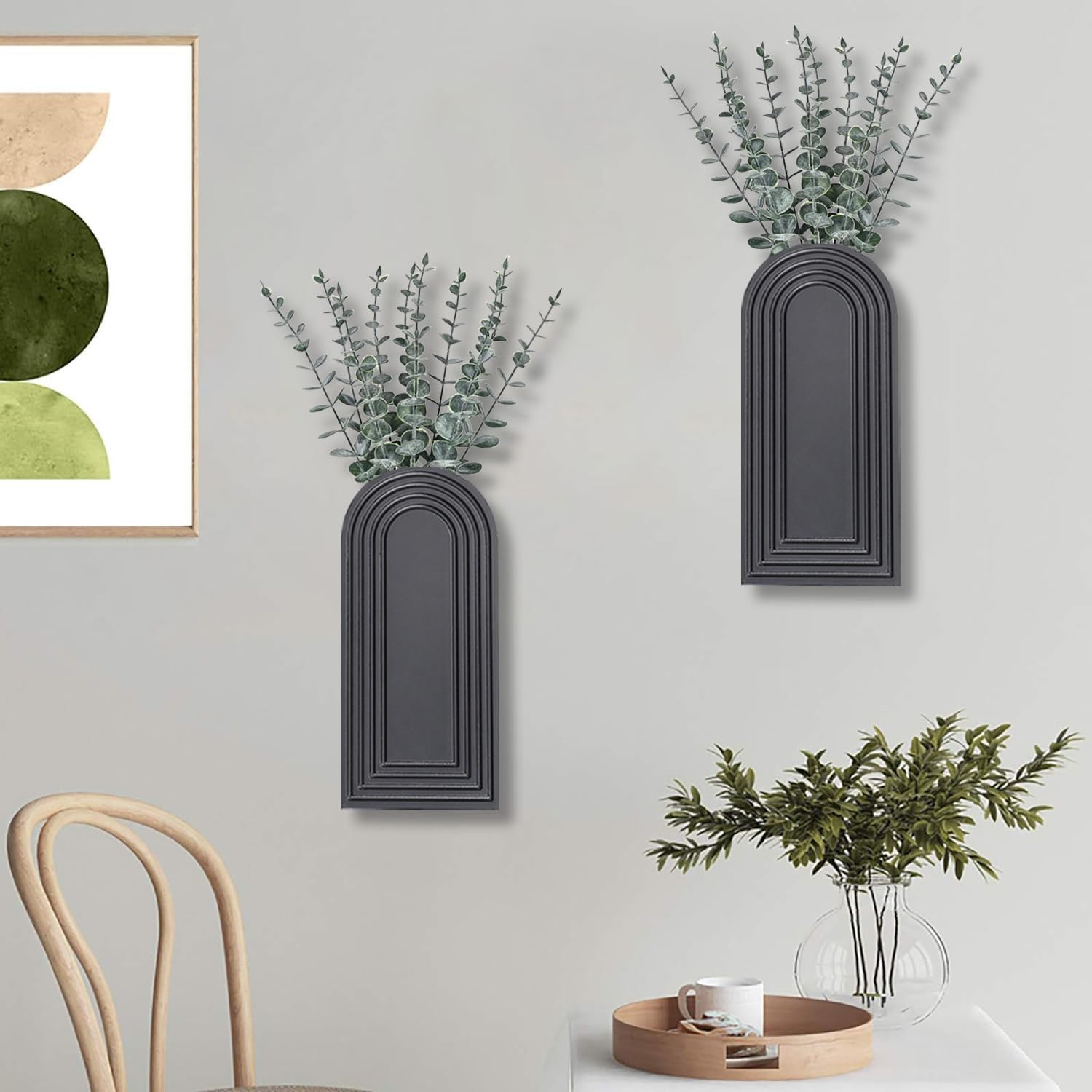 2-Pack Black Wooden Wall Vase Set Modern Farmhouse Boho Home Decor