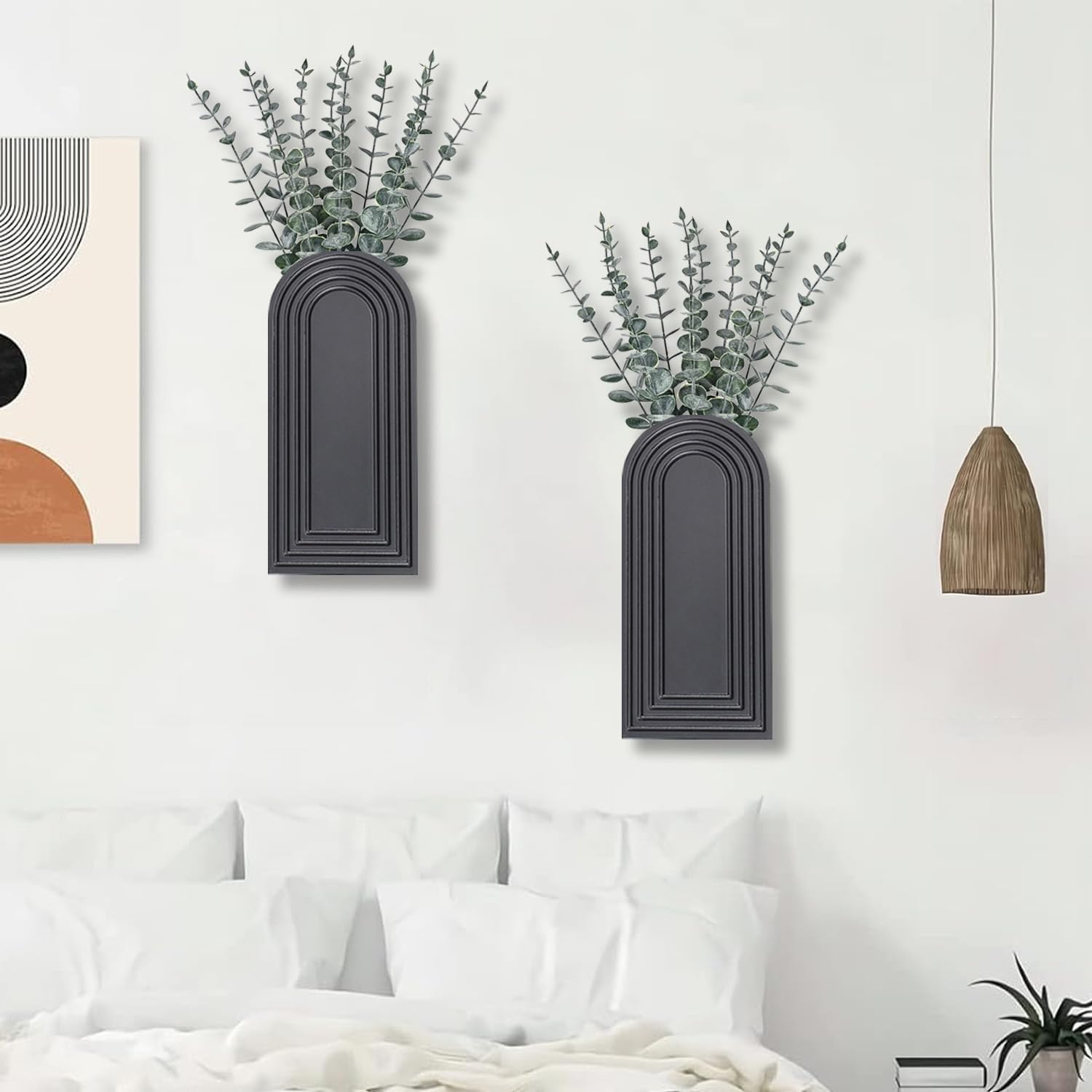 2-Pack Black Wooden Wall Vase Set Modern Farmhouse Boho Home Decor