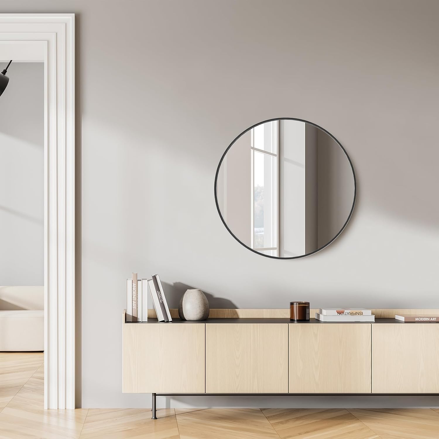 Sweetcrispy 24-Inch Round Black Wall Mirror for Bathroom, Entryway, Bedroom