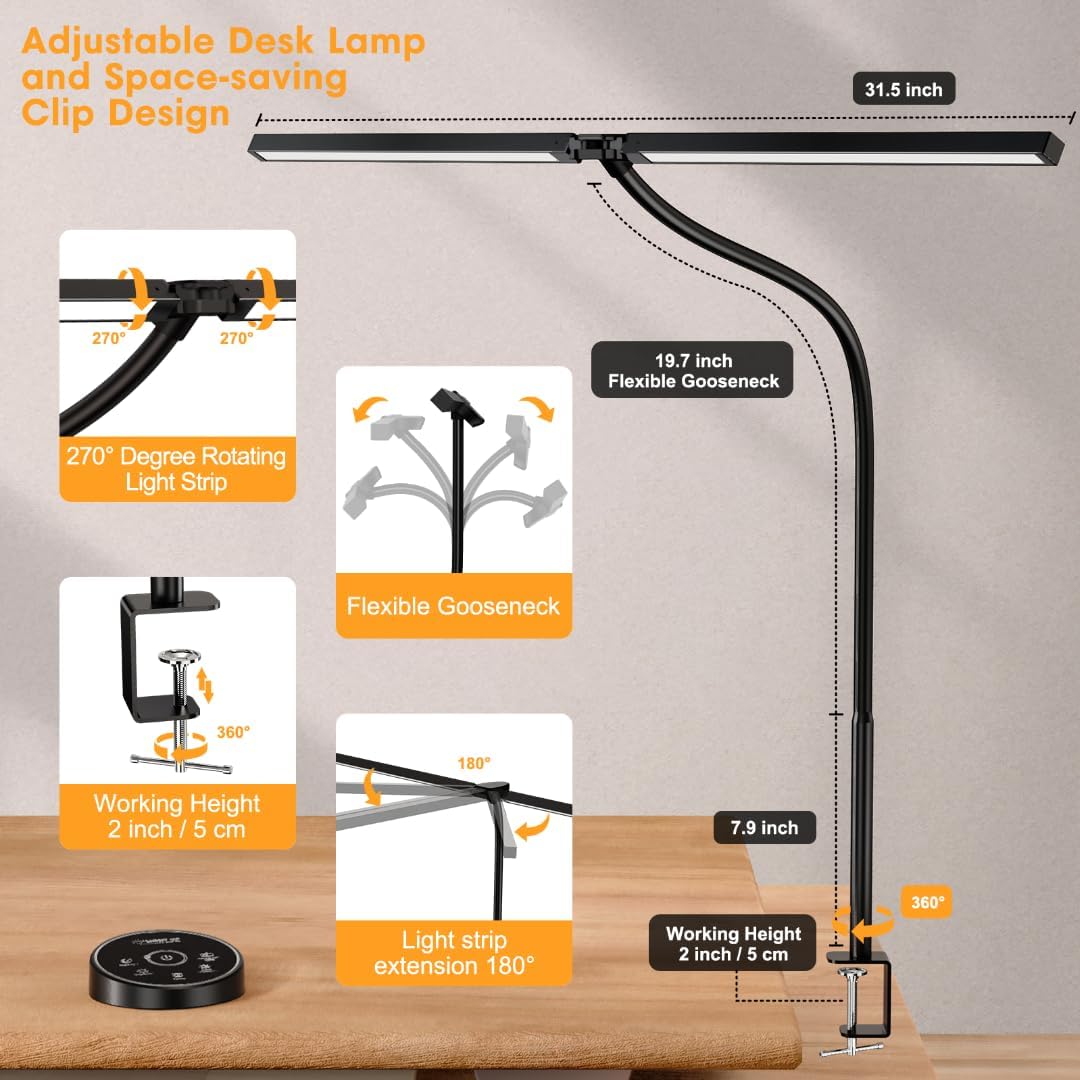 Pzloz 24W Eye-Caring LED Desk Lamp Clamp Architect Gooseneck Light
