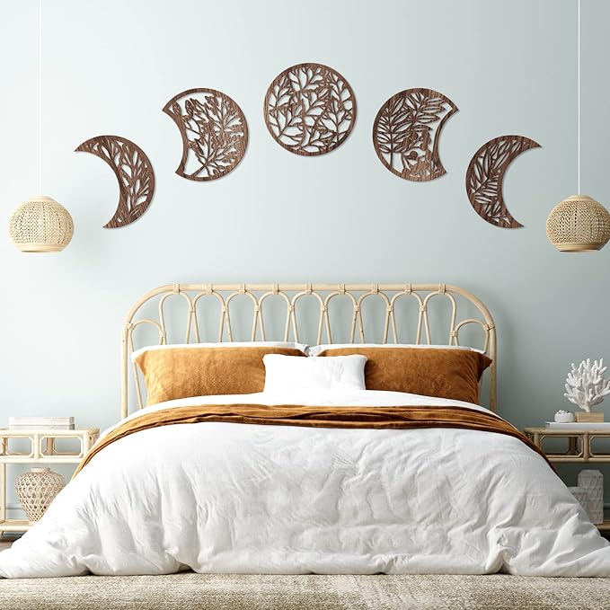 Jetec 5-Piece Wooden Moon Phase Wall Art Decor Set, Nordic Boho Lunar Aesthetic