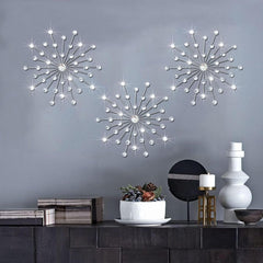 Dazzling Silver Crystal Sunburst Wall Art Decor Set - 3-Pack Metal Jeweled Bling