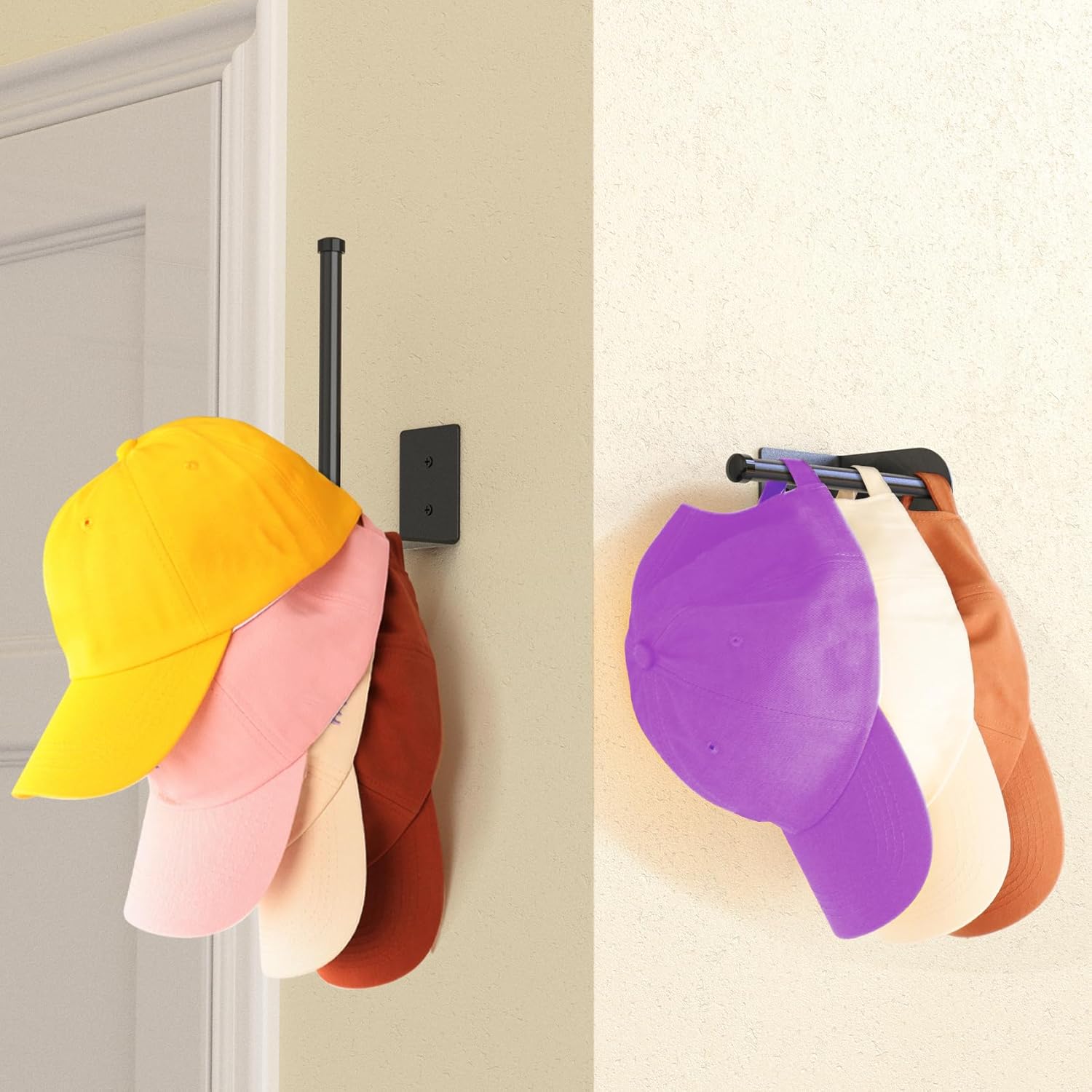 2-Pack Stainless Steel Baseball Cap Organizer Rack - Adhesive or Drill Mount