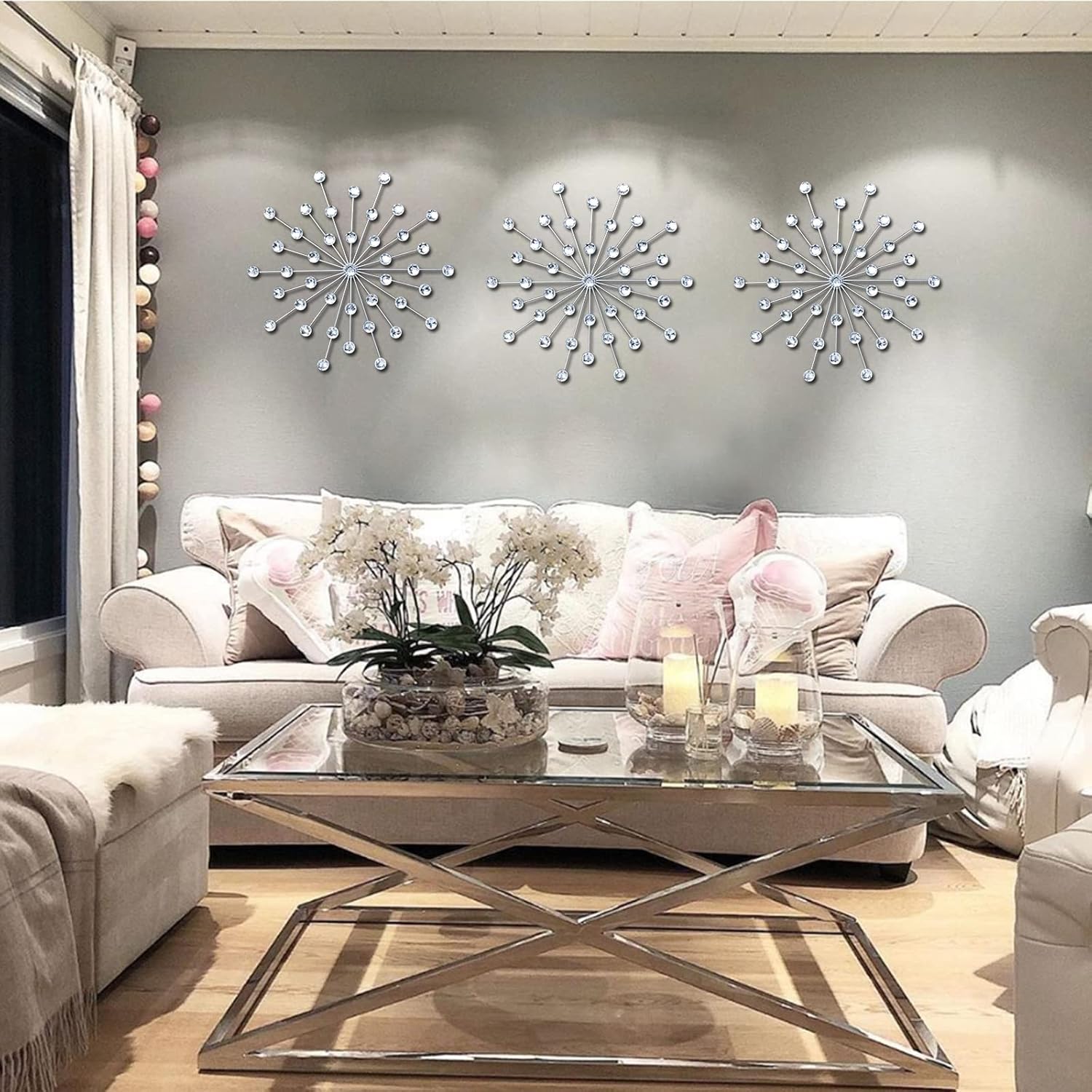 Dazzling Silver Crystal Sunburst Wall Art Decor Set - 3-Pack Metal Jeweled Bling