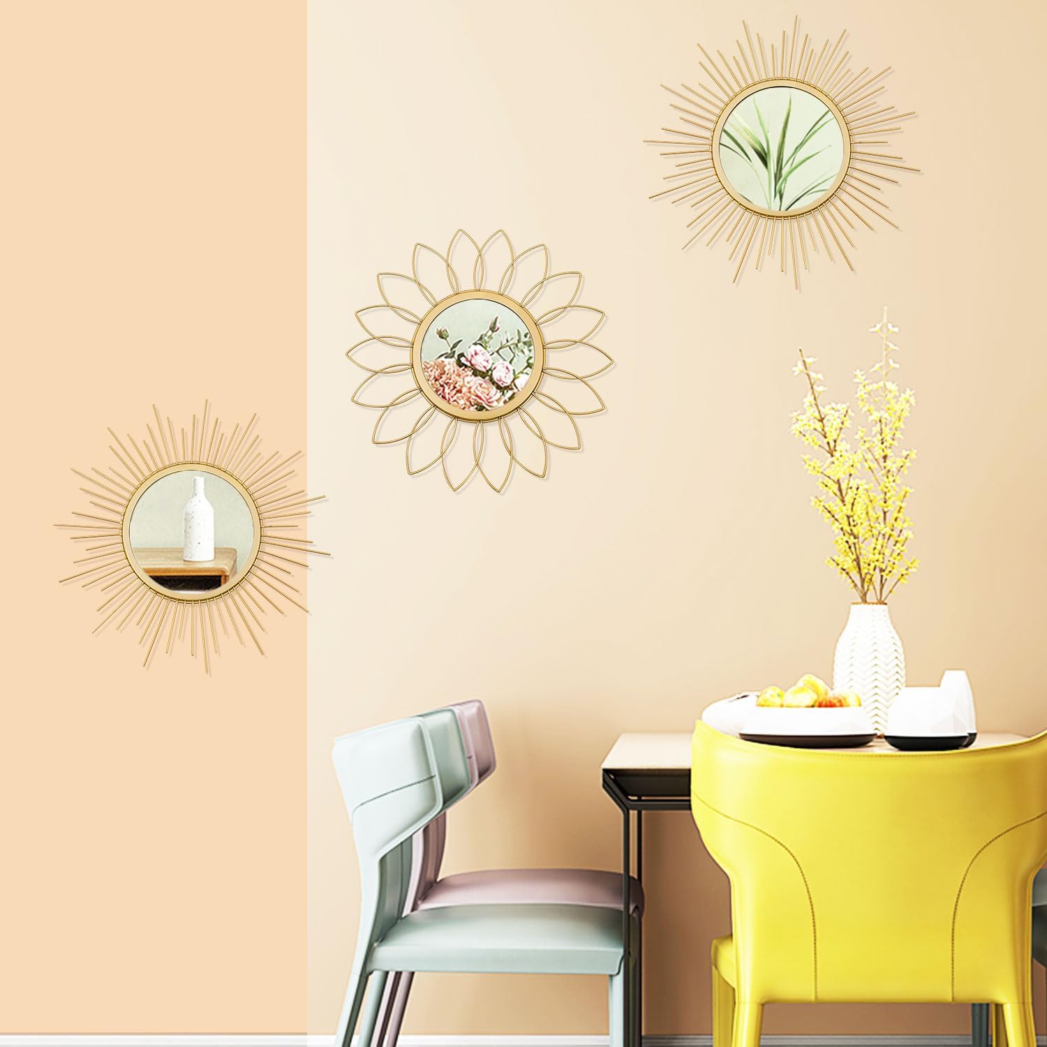 3-Pack Gold Sunburst Metal Wall Mirrors for Living Room Entryway Decor