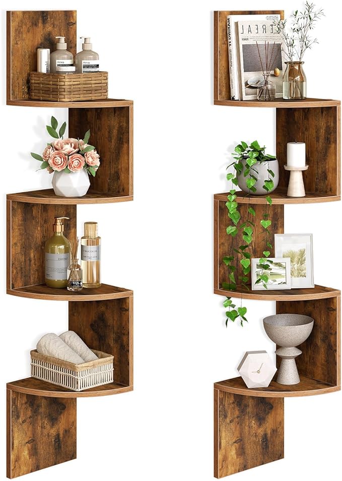 HOOBRO Rustic Floating Corner Shelves Set (2-Pack) - 4-Tier Wall Mounted Storage