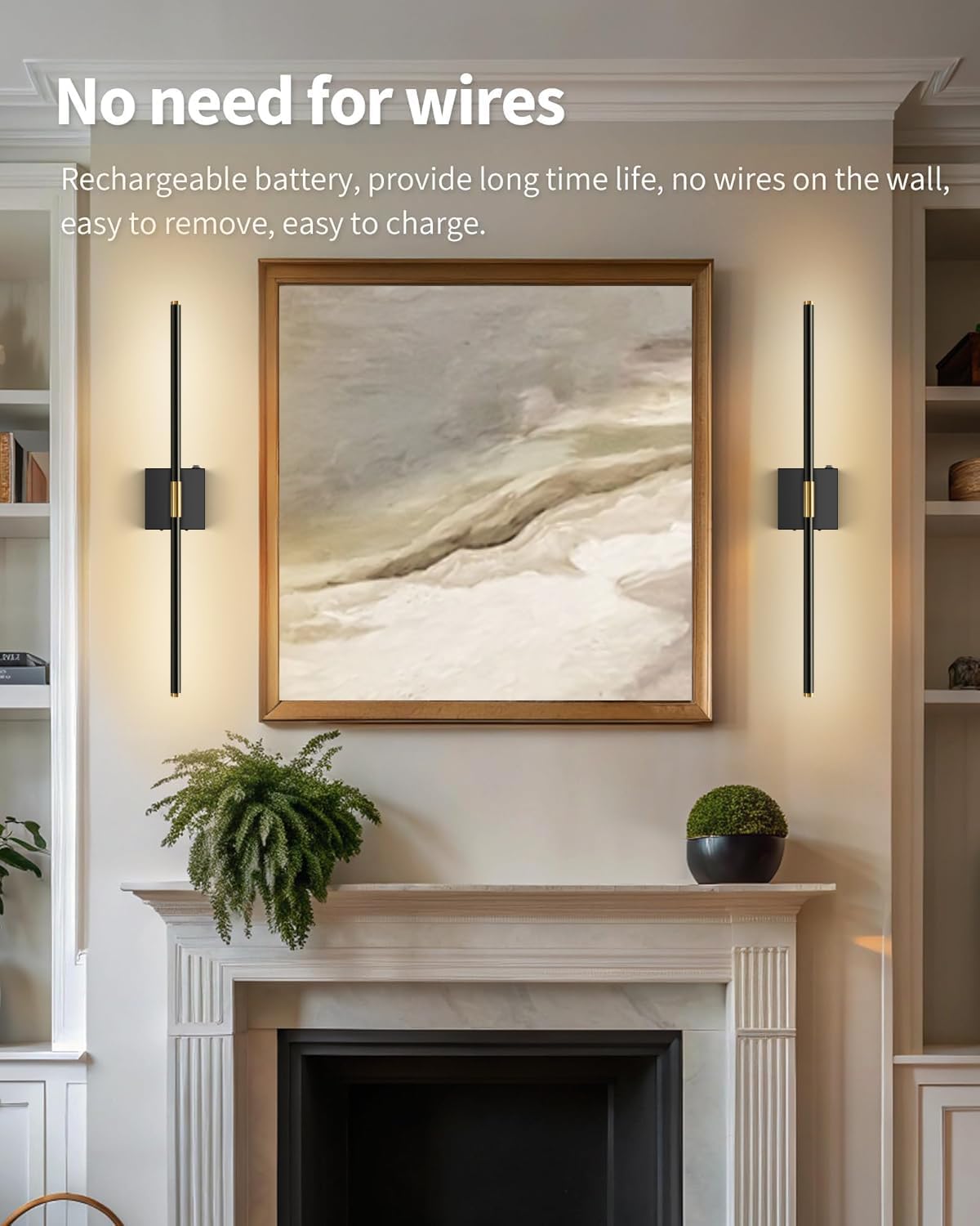 Wireless Rechargeable LED Wall Sconces Set, Dimmable Remote Control, 30-inch Black
