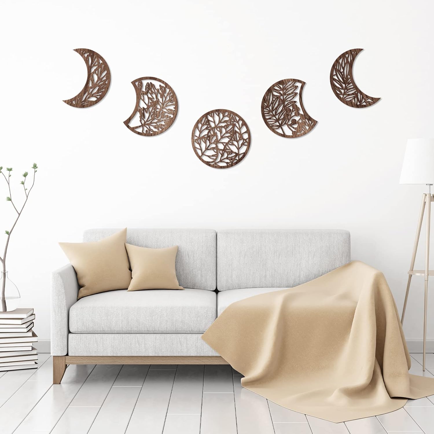 Jetec 5-Piece Wooden Moon Phase Wall Art Decor Set, Nordic Boho Lunar Aesthetic
