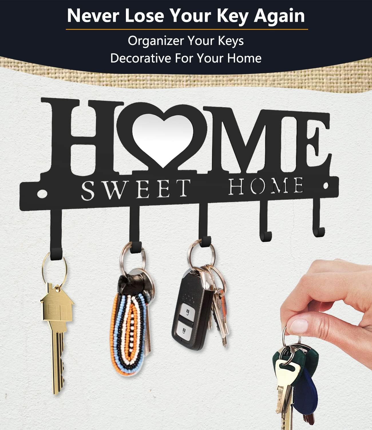 WIPHANY 5-Hook 'Home Sweet Home' Wall Mounted Key Holder Organizer Hanger Rack