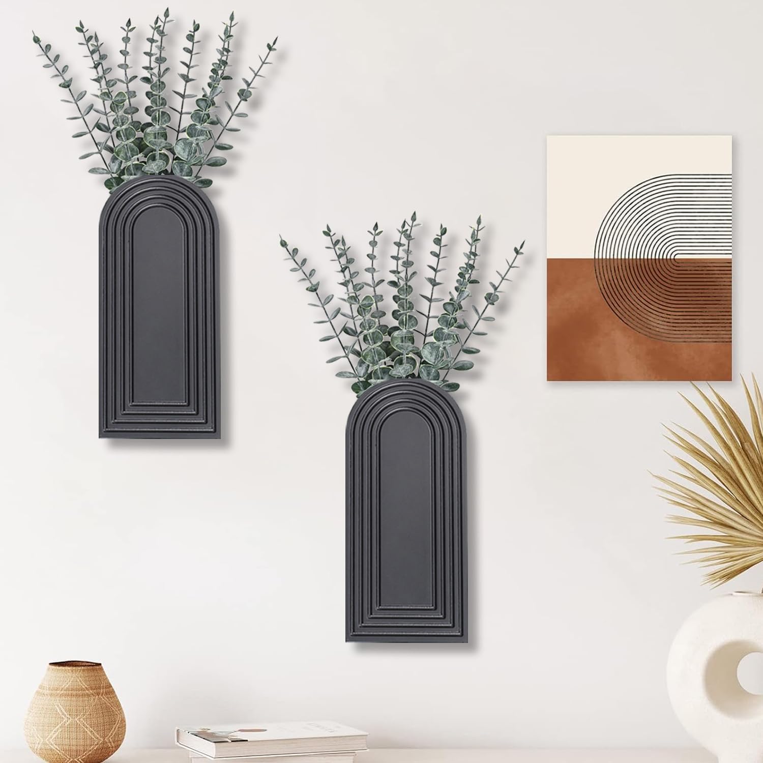 2-Pack Black Wooden Wall Vase Set Modern Farmhouse Boho Home Decor