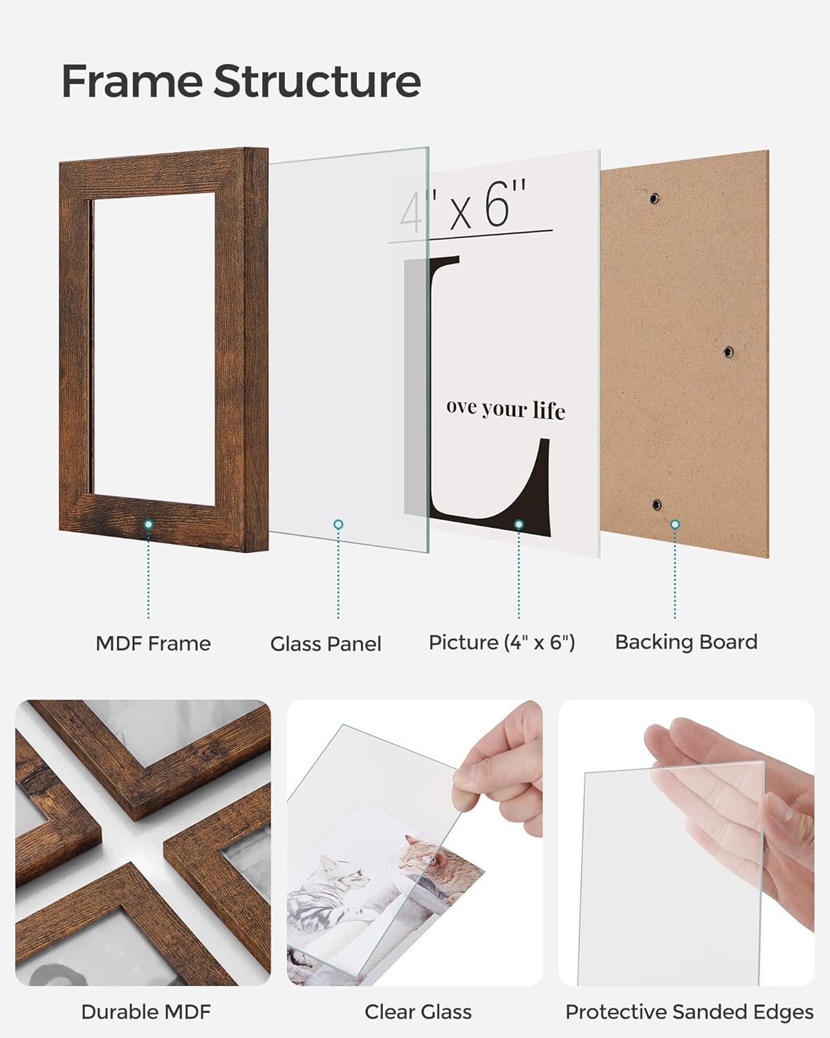 SONGMICS 12-Pack 4x6 Rustic Brown Collage Picture Frames, Glass Front