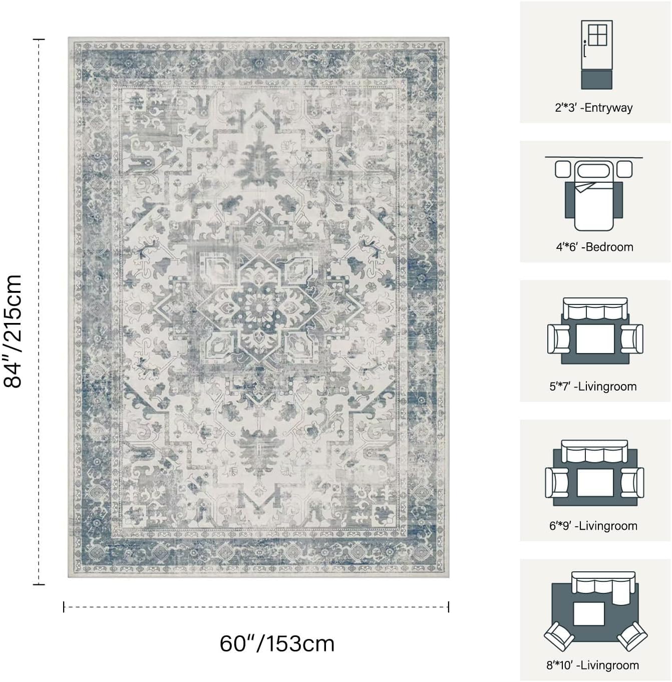 Rugxara Vintage Boho Washable Area Rug 5x7, Light Blue Grey, Non-Slip, Low Pile