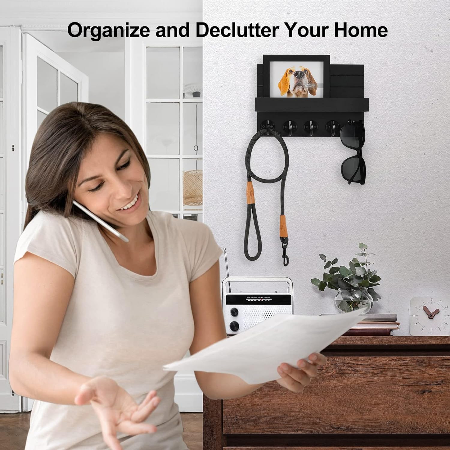 Stylish Paulownia Wood Wall Key & Mail Holder with Shelf, Large Hooks