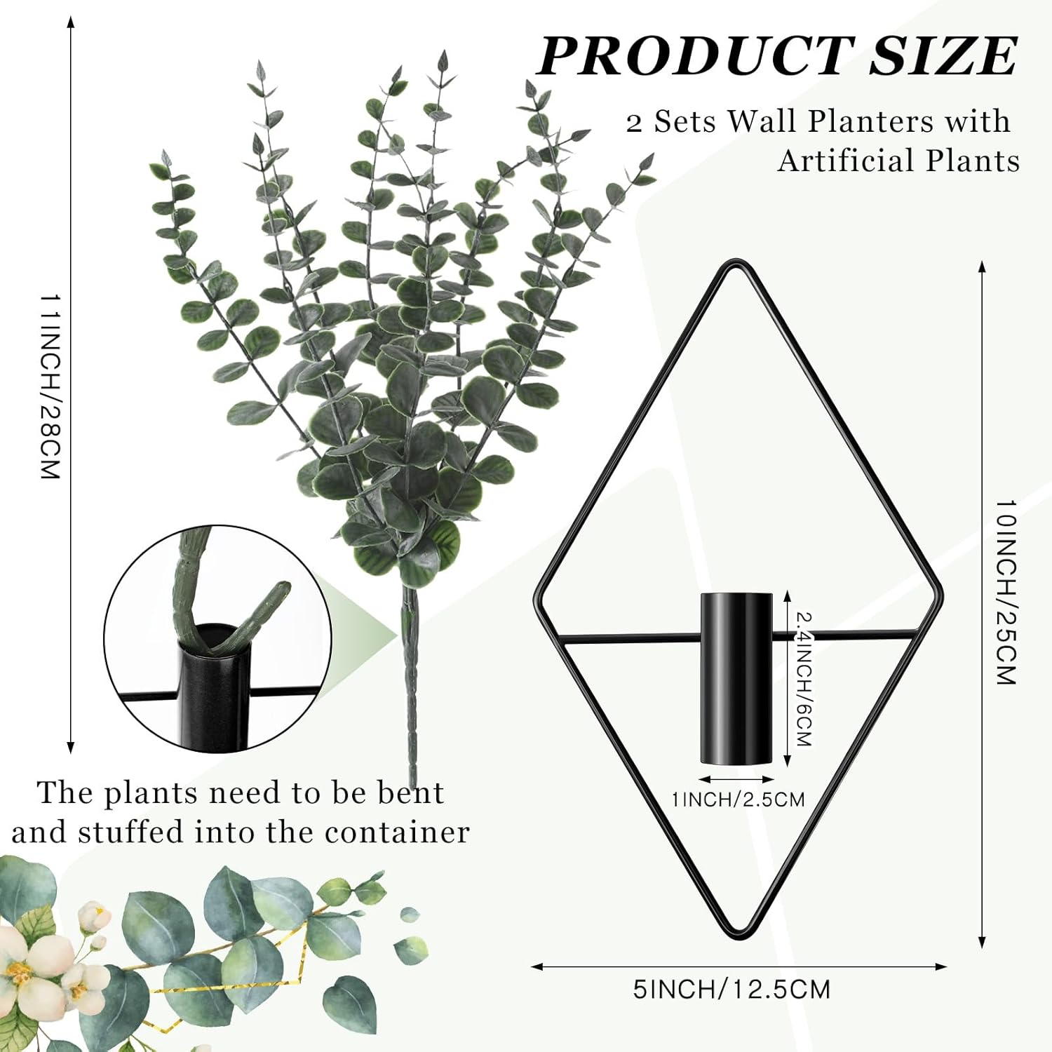 Jexine Modern Geometric Metal Hanging Planters with Faux Eucalyptus, 4-Pack Black