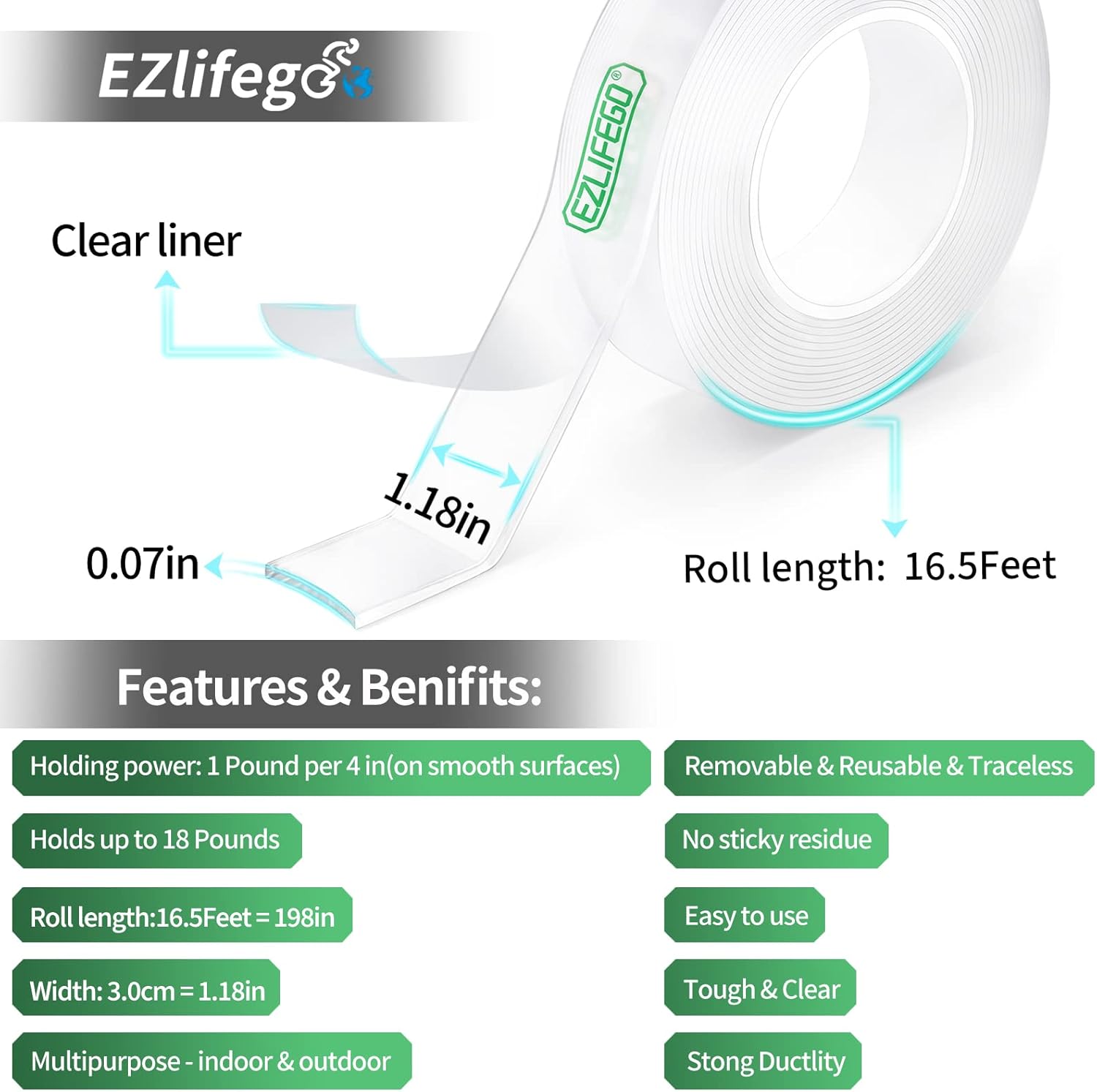EZlifego Heavy-Duty Nano Double-Sided Mounting Tape, Strong Adhesive Picture Hanging Strips