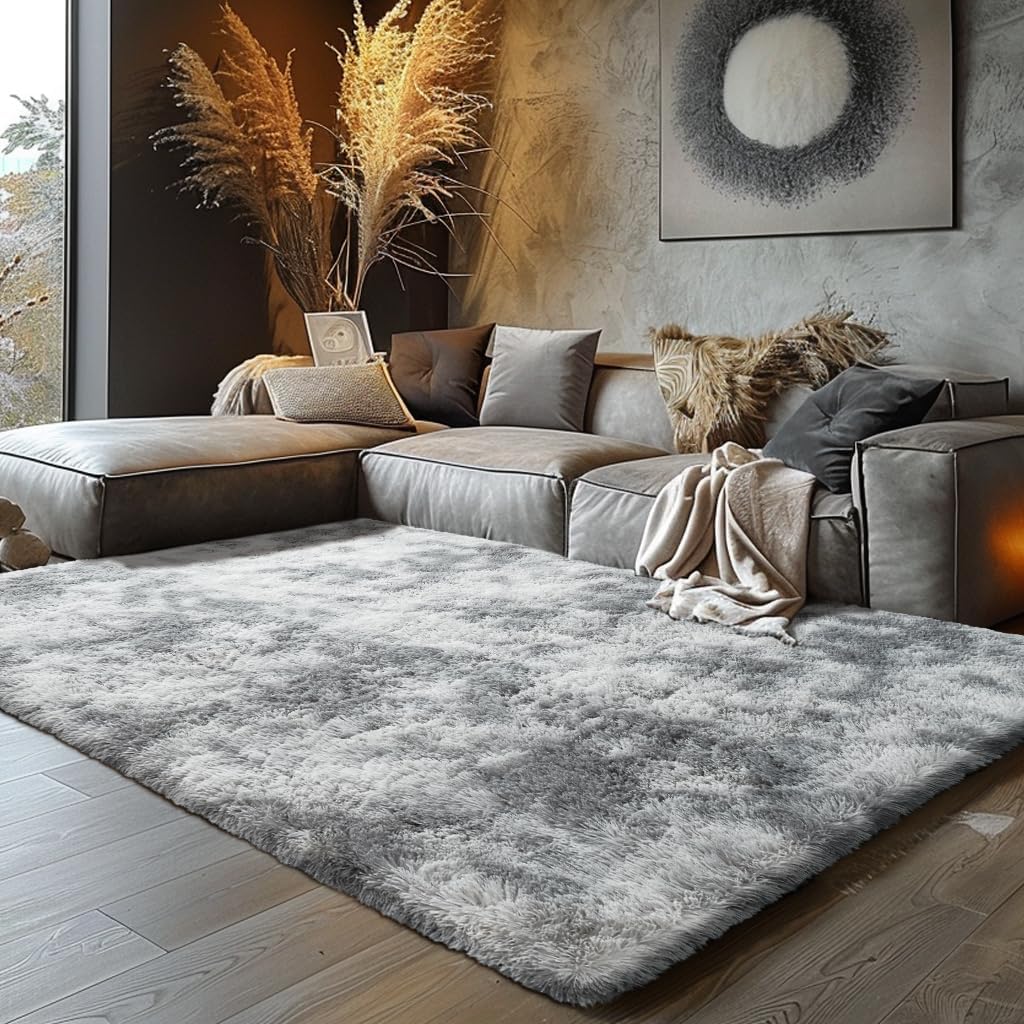 Boshengya Ultra Soft Fluffy Shag Area Rug, Tie-Dye Grey, Cozy Bedroom Living Room