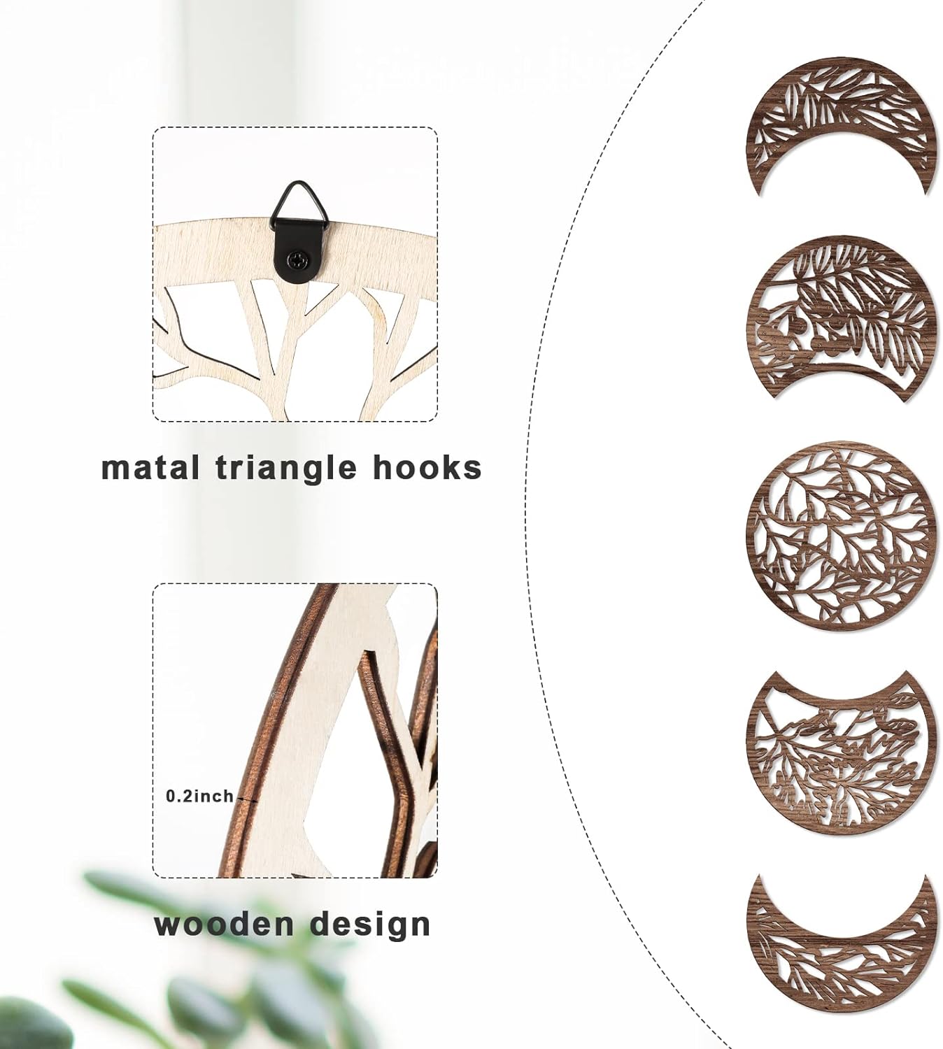 Jetec 5-Piece Wooden Moon Phase Wall Art Decor Set, Nordic Boho Lunar Aesthetic
