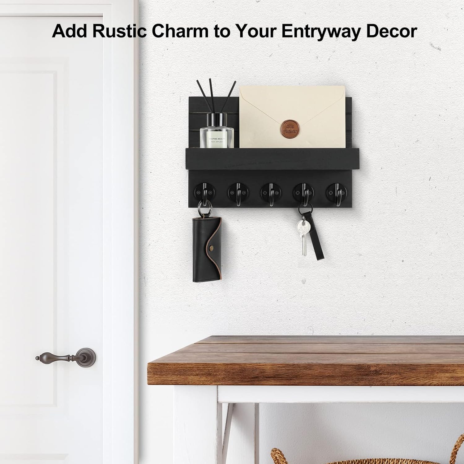 Stylish Paulownia Wood Wall Key & Mail Holder with Shelf, Large Hooks