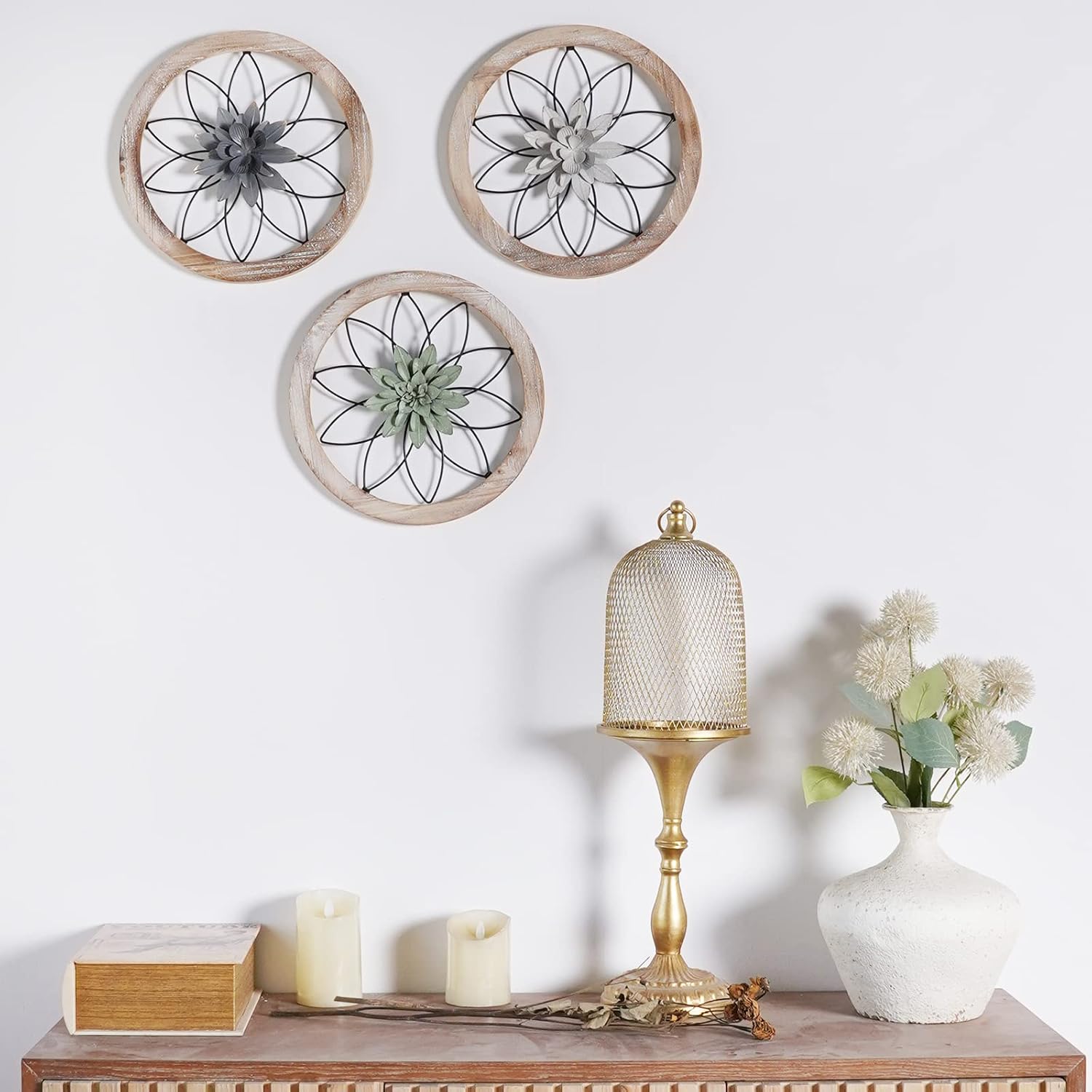 Paquesta 3-Piece Rustic Farmhouse Wall Decor with Interchangeable Metal Flowers