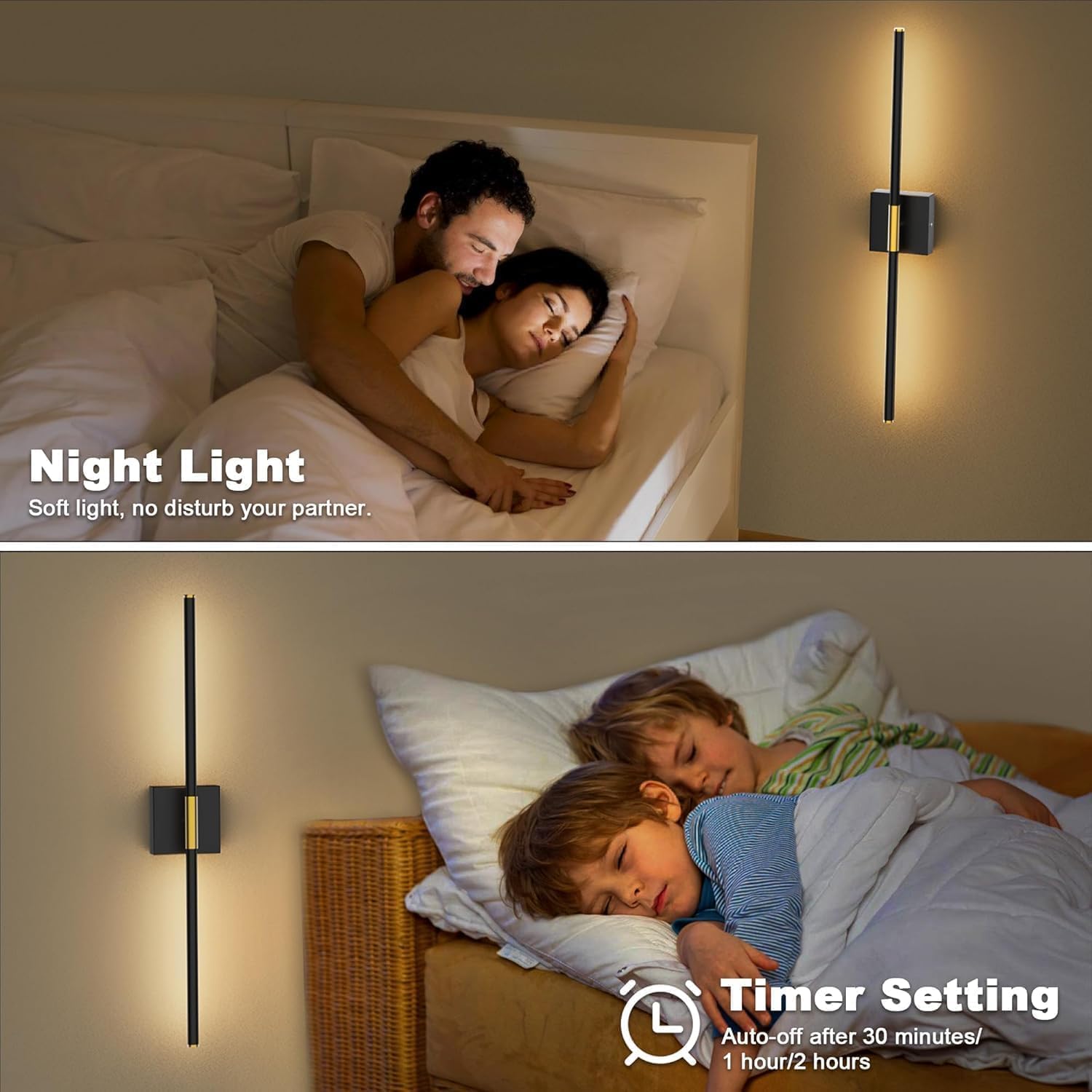 Wireless Rechargeable LED Wall Sconces Set, Dimmable Remote Control, 30-inch Black