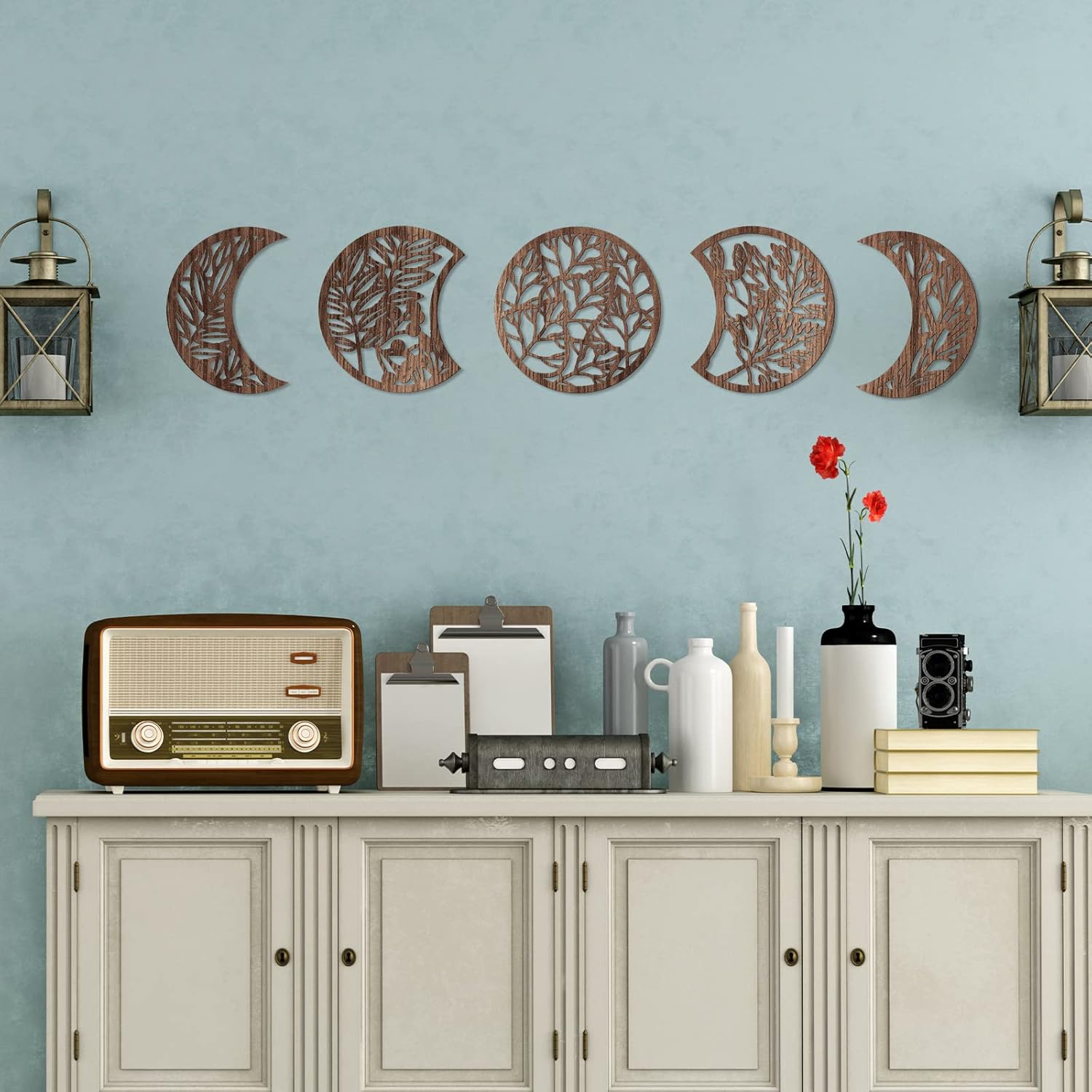 Jetec 5-Piece Wooden Moon Phase Wall Art Decor Set, Nordic Boho Lunar Aesthetic