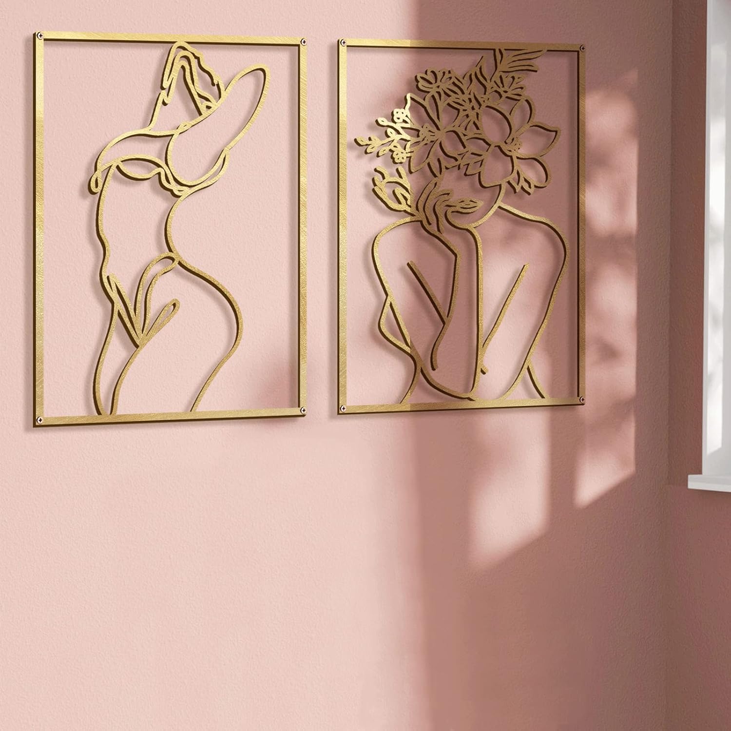 Glamativity 4-Pack Gold Minimalist Metal Line Art: Elegant Woman Body Wall Decor