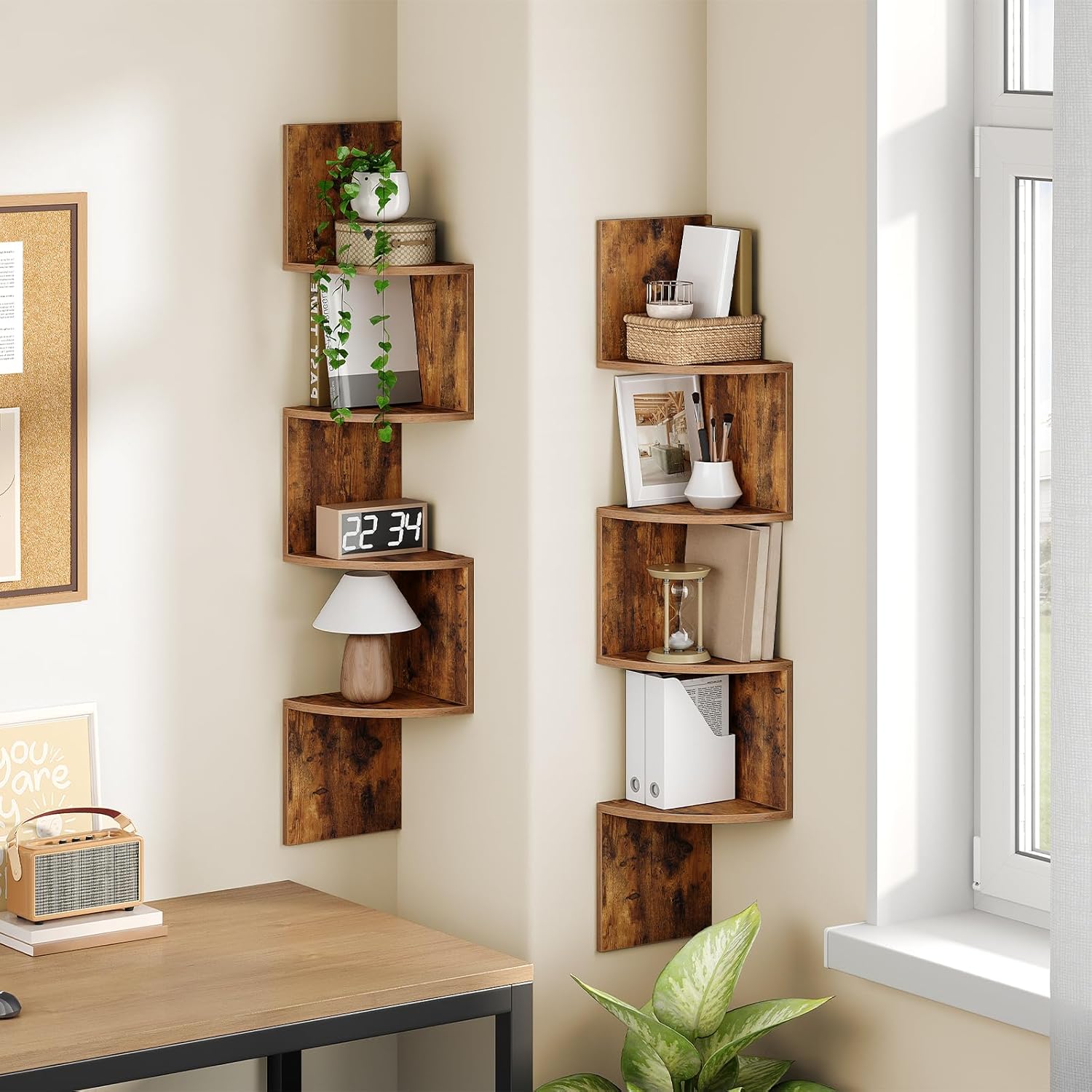 HOOBRO Rustic Floating Corner Shelves Set (2-Pack) - 4-Tier Wall Mounted Storage