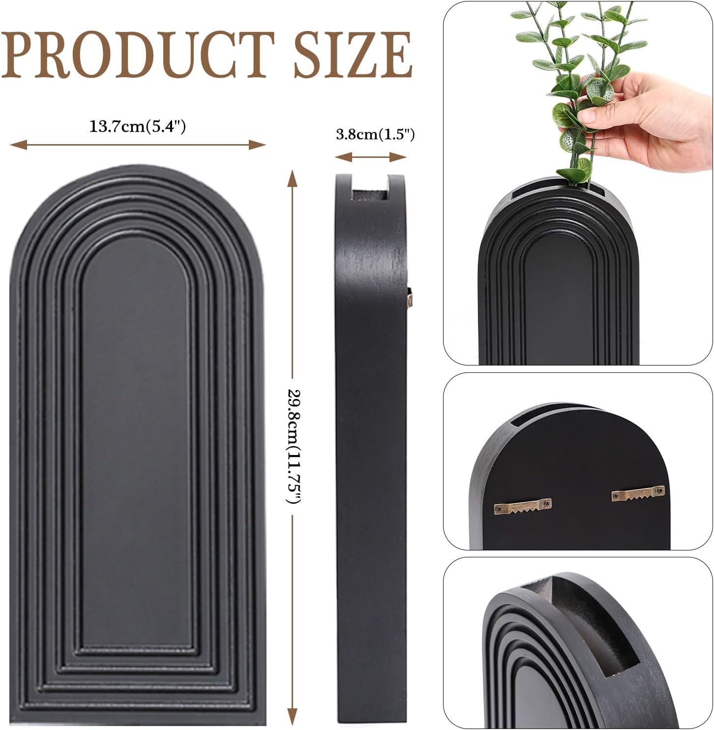 2-Pack Black Wooden Wall Vase Set Modern Farmhouse Boho Home Decor