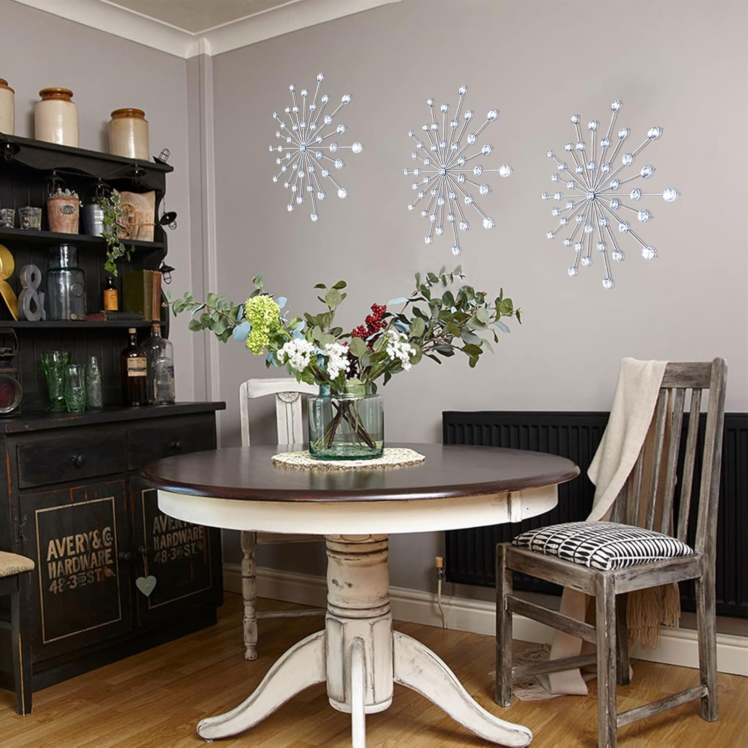 Dazzling Silver Crystal Sunburst Wall Art Decor Set - 3-Pack Metal Jeweled Bling