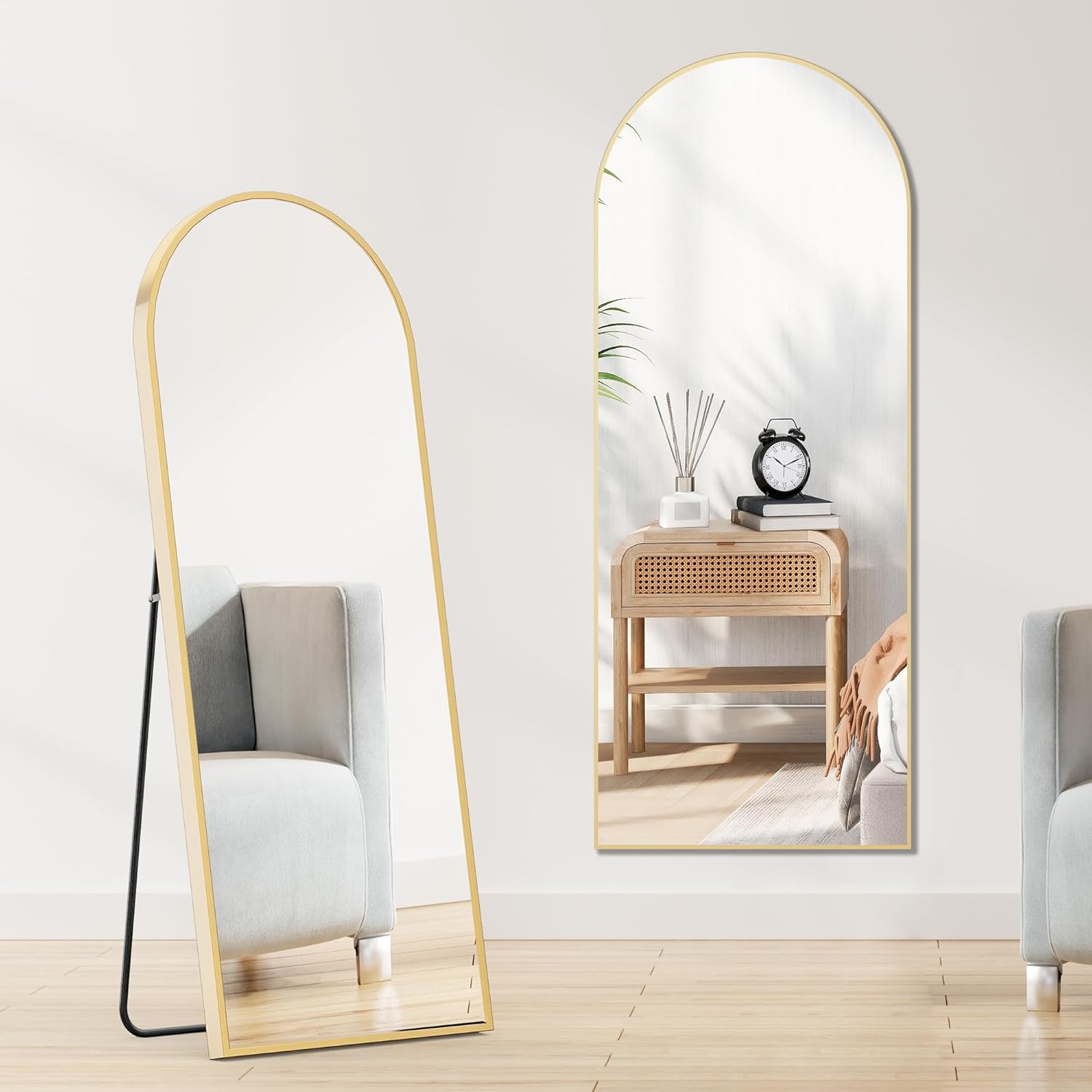 Sweetcrispy 64x21 Arched Full Length Standing/Leaning Body Mirror, Gold Aluminum Frame
